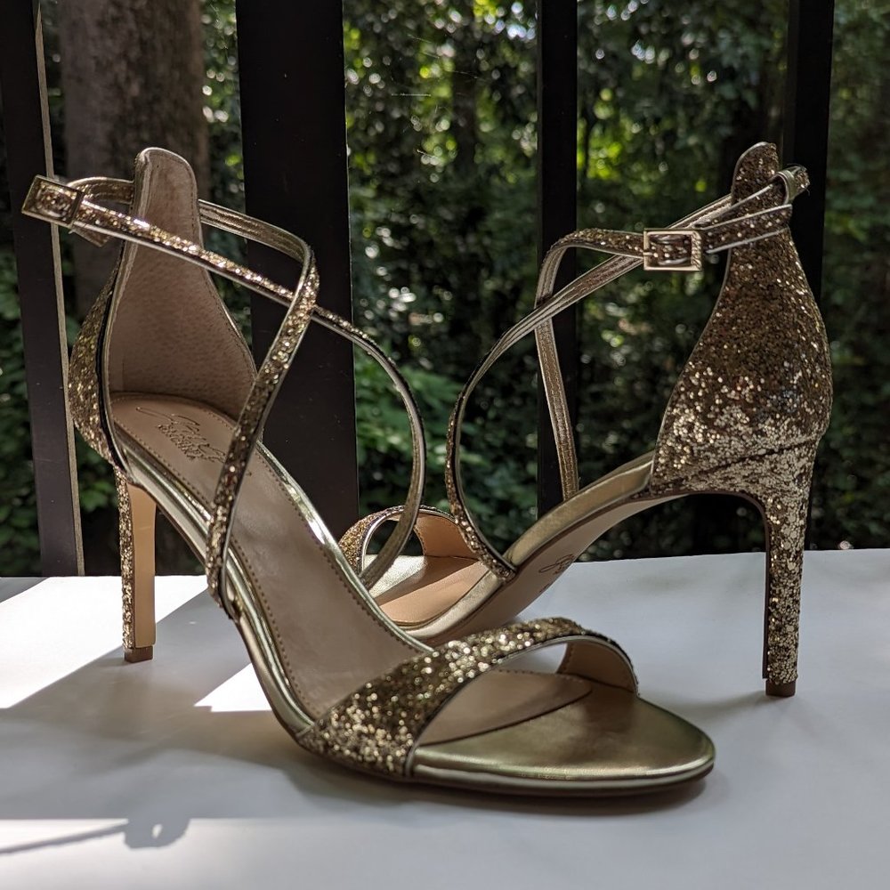 BADGLEY MISCHKA Dimitra Sandals Stiletto Heel in Gold Glitter Size 7 - Picture 2 of 4